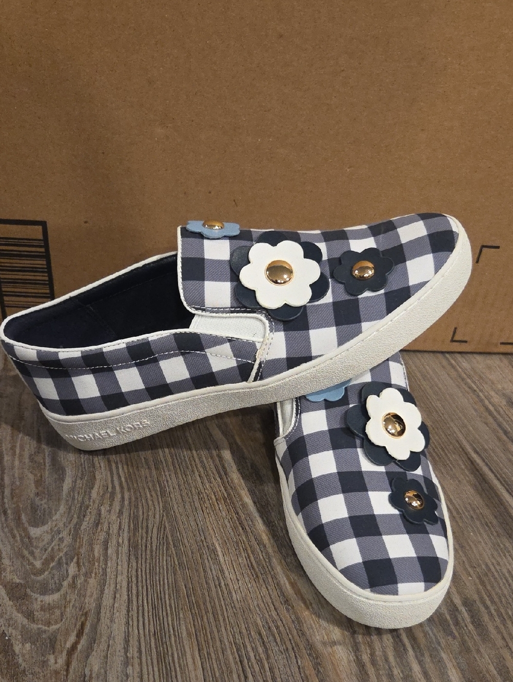 Michael Kors Navy White Gingham Slip-On Sneakers with Floral Accents
